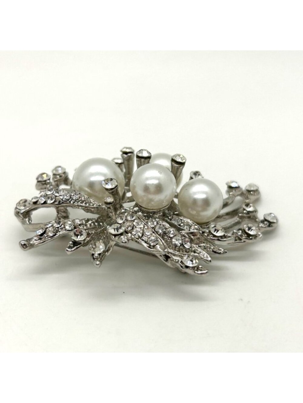 Faux Pearl & Rhinestone Brooch Silver-tone Floral Pin Glam Elegant - Picture 5 of 15